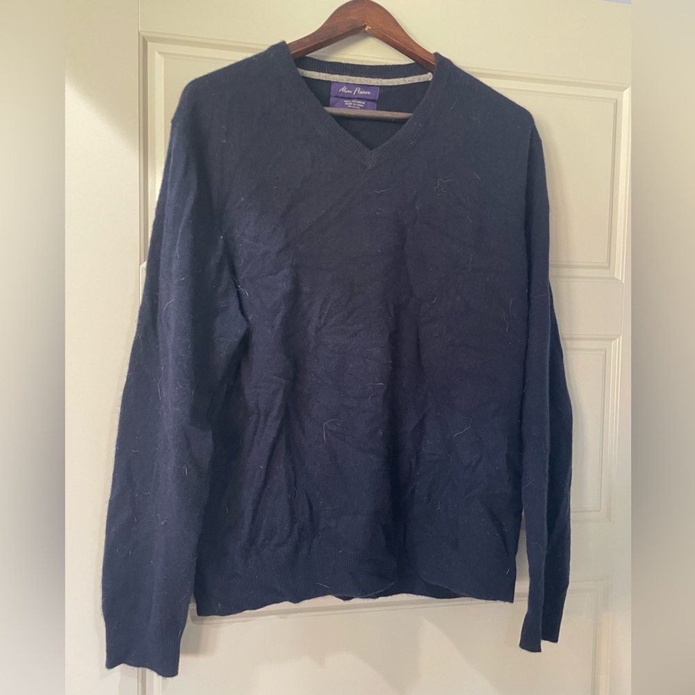 Alan Flusser Men's Deep Blue V-Neck Oversized Sweater 100% Cashmere